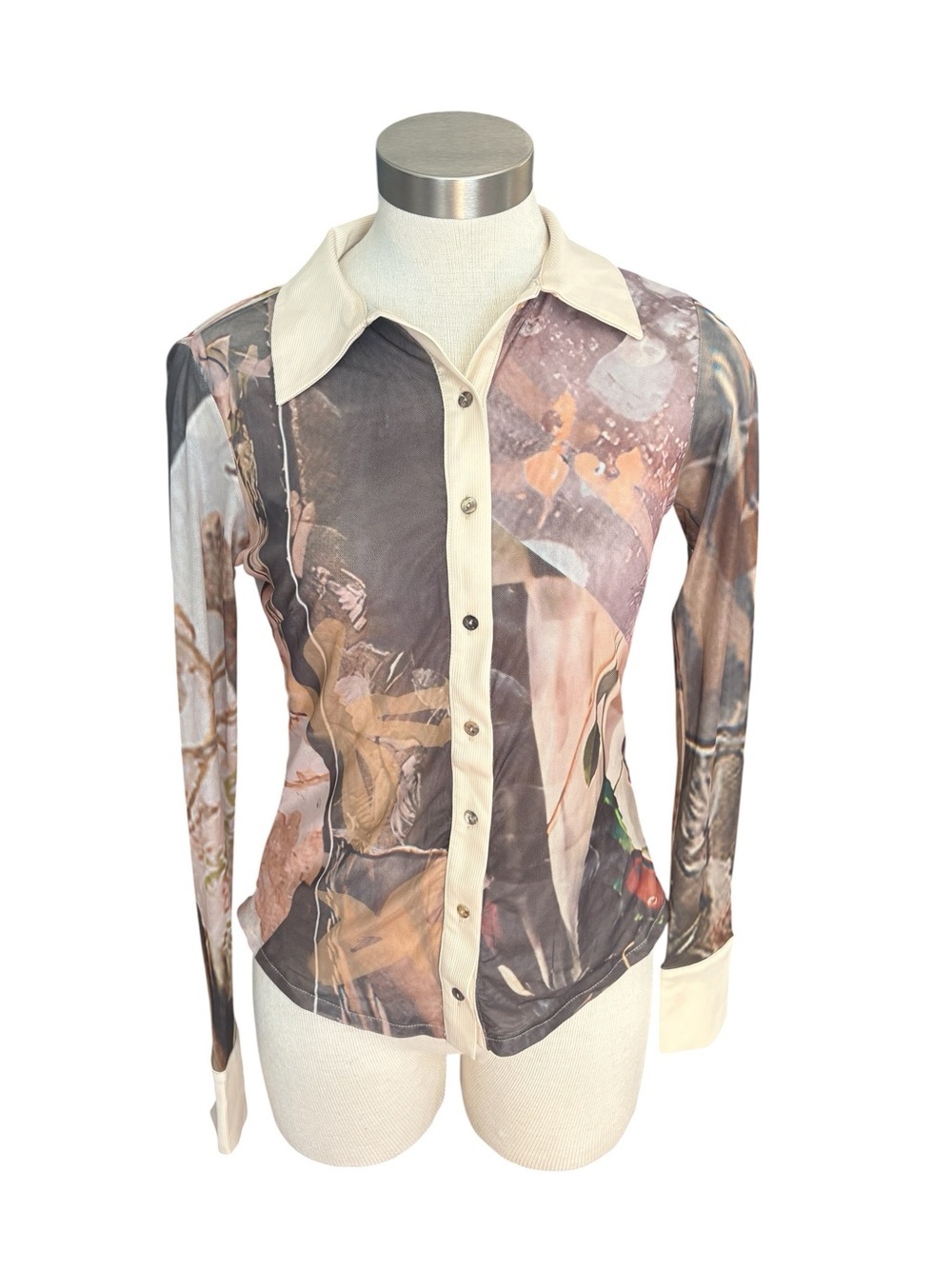 NWT Desigual Eyre Chiffon Collage Abstract Button-Down Shirt Sheer Sz. S
